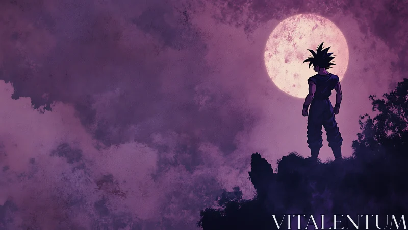 Lone spiky warrior greeting a violet moonlit horizon.