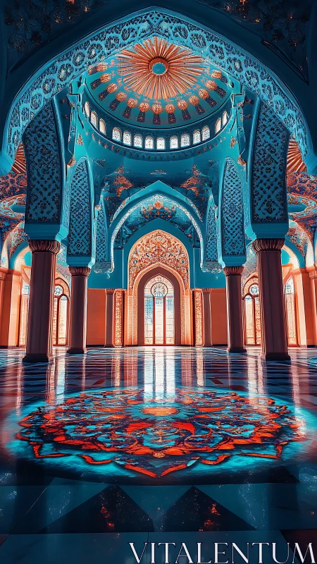 Interior view of ornate domed hall with symmetrical arches