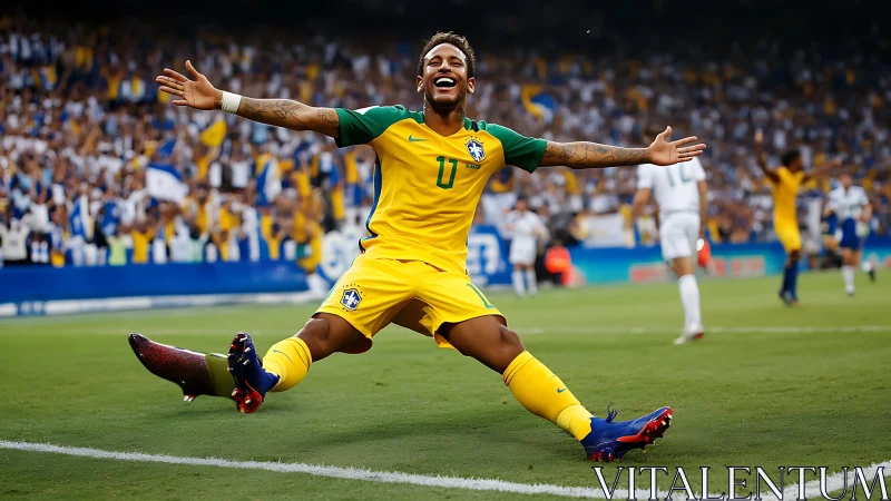 Forward slides in celebration with dynamic open-arm pose on pitch