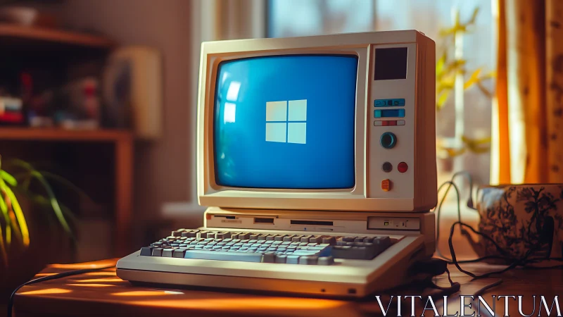 Vintage desktop computer displaying modern OS logo screen.