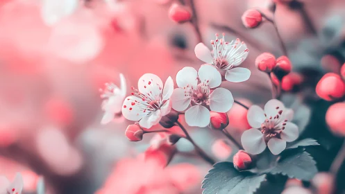 White Cherry Blossoms with Pink Buds and Foliage
