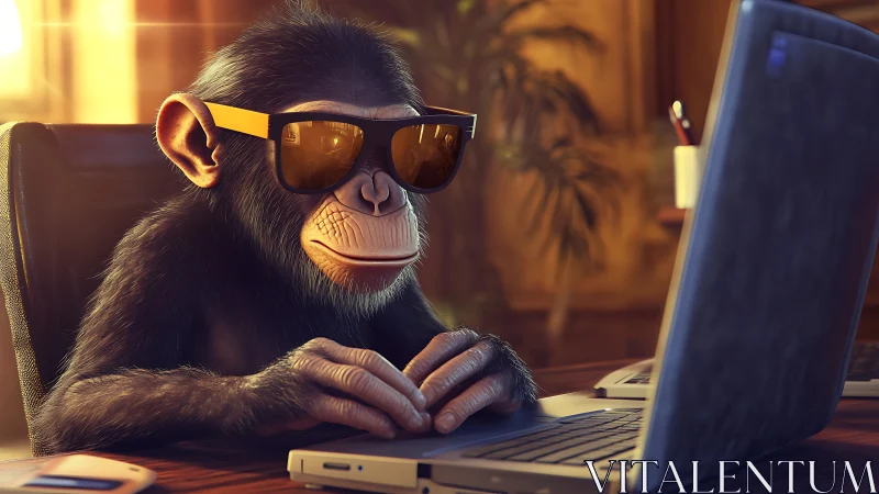Chimpanzee in sunglasses working at laptop in office.