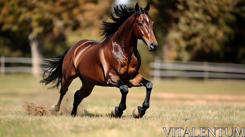 Bay horse moves at gallop across grass paddock in daylight