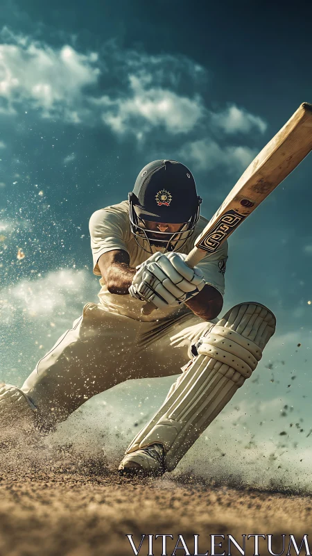 Dynamic low-angle cricket shot captures batter in sliding follow-through