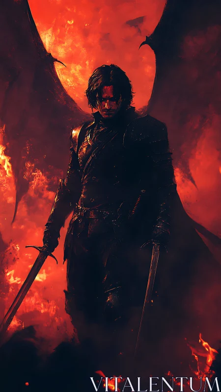 Dark winged swordsman against infernal eclipse backdrop.