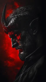 Brooding horned figure in vivid red and shadowed light.