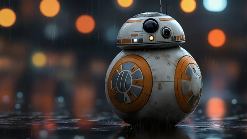 Lonely sphere droid glows softly in rainlit cyber alley.