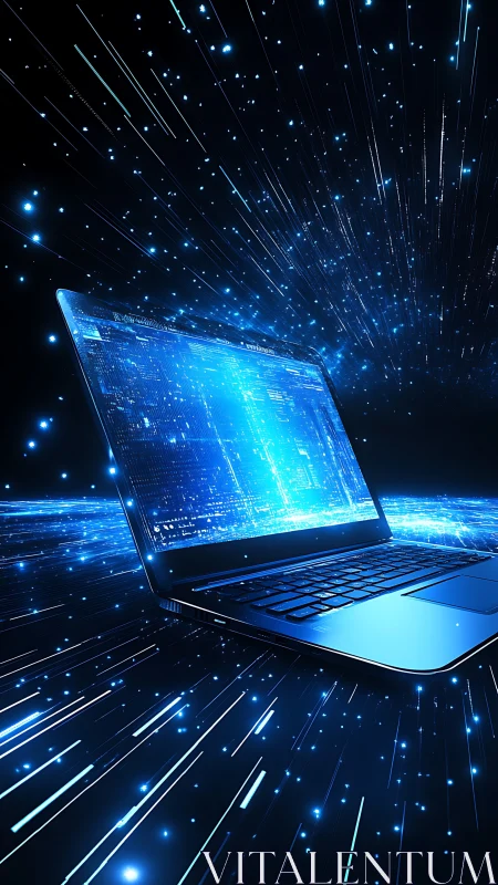 Glowing data-stream laptop in luminous digital spacescape.