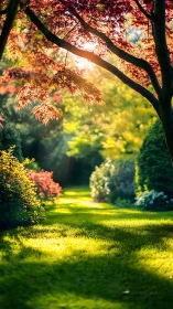 Sunlit garden path with Japanese maple and lush shrubs.