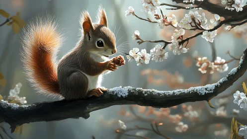 Red squirrel on snow-dusted branch inspecting spring blossoms