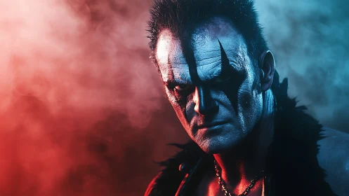 Warpainted antihero stalks through red and blue battle fog.