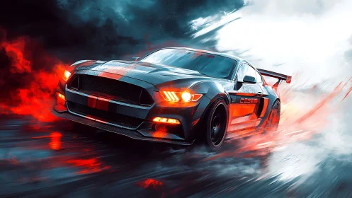 Racing sports car in dynamic red and blue motion scene.