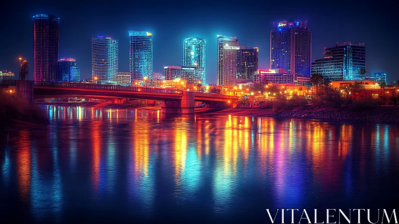 Neon riverfront skyline humming under electric midnight glow.