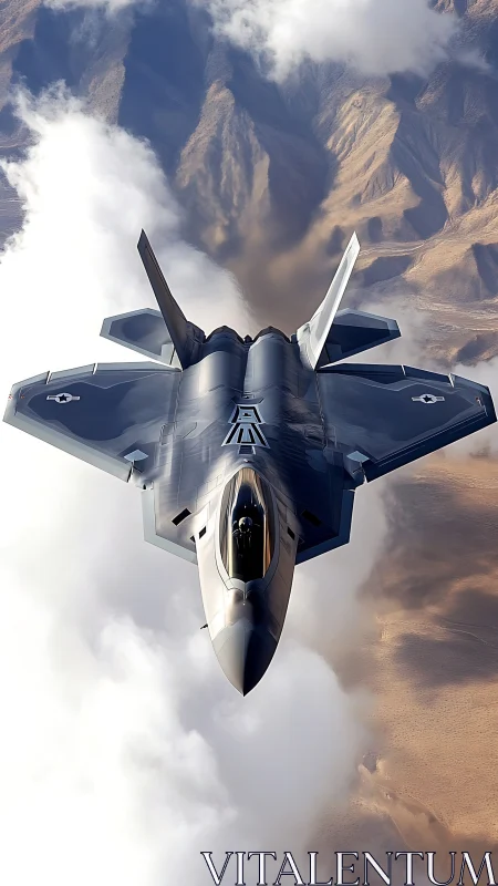 Stealth jet knifes through cloud rivers over carved desert.