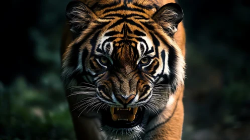 Tiger moving forward with bared teeth in dim forest light.