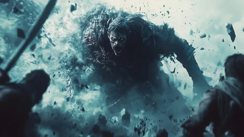 Colossal ice demon erupts amid shattered battlefield chaos