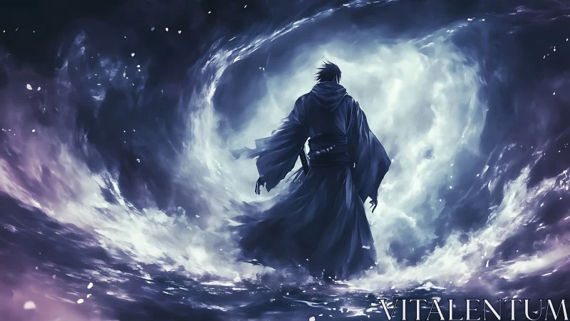Lone mage commands swirling cosmic vortex gateway.