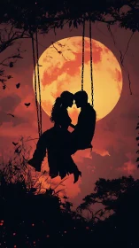 Silhouetted Couple on Swing: Luminous Full Moon Backdrop and Twilight Atmosphere