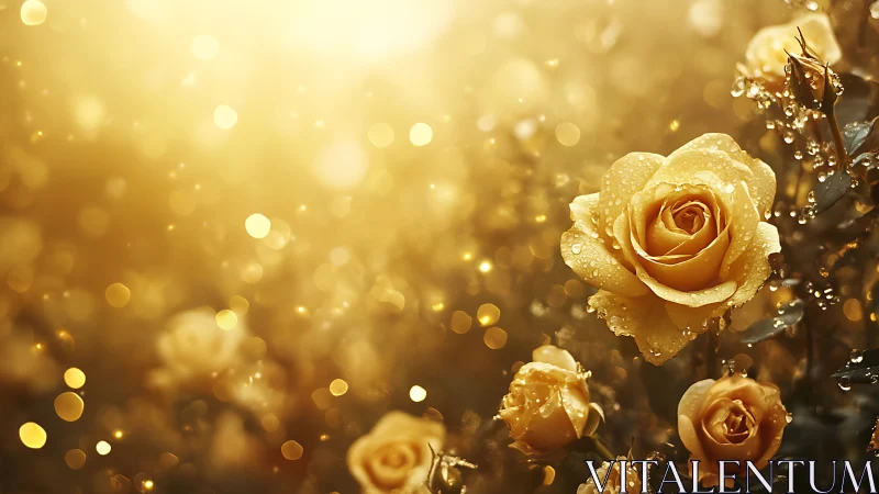 Golden Roses with Dew Drops in Warm Light.