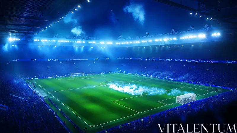 Floodlit football cathedral glowing in electric blue mist.