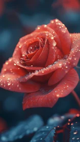 Red rose macro shows detailed dewdrops on velvety petals