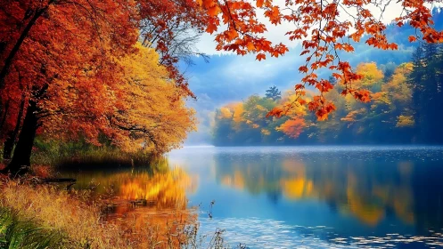 Autumn forest reflects over calm mountain lake at sunrise