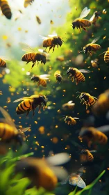 Honeybee swarm in dense green foliage environment.