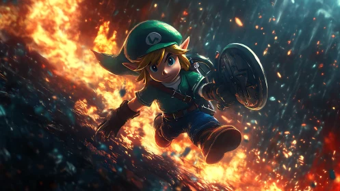 Cartoon fantasy warrior runs through fire in battle scene.