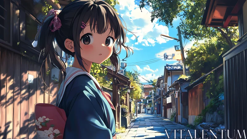 Anime girl in yukata walks through sunlit traditional alleyway