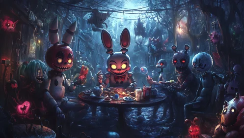 Grotesque animatronic rabbits conduct macabre forest tea ritual