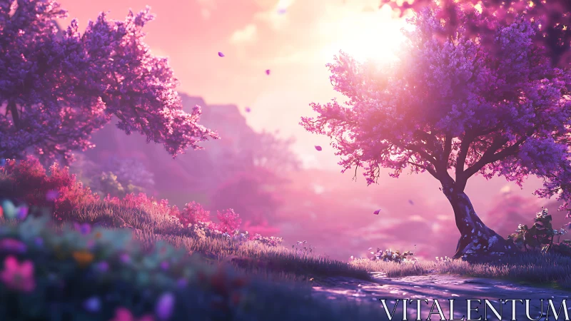 Sunlit magenta grove renders stylized spring landscape in 3D