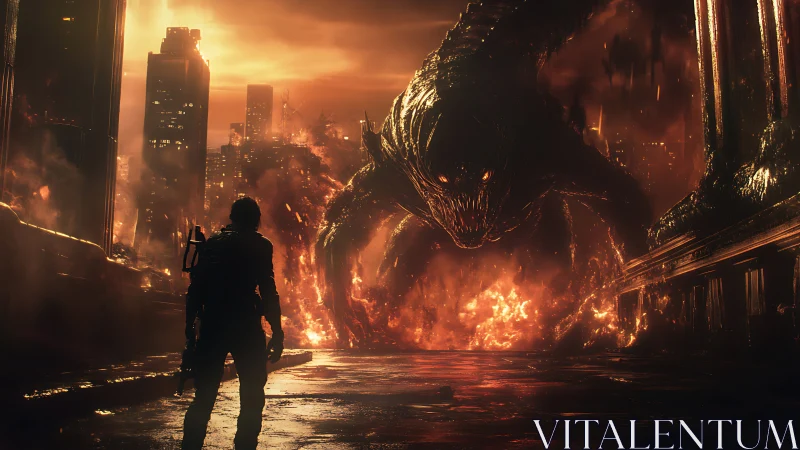Solitary soldier confronts colossal demon in burning city