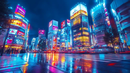 Neon-saturated rainy city intersection with long-exposure traffic light trails
