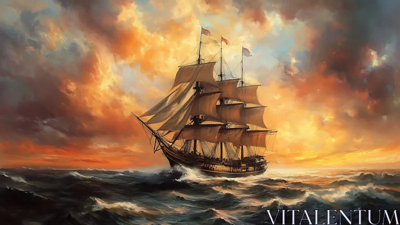 Tall ship under blazing sunset sky at rough sea.