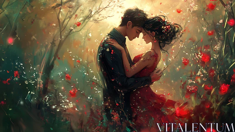 Romantic couple embraced in enchanted garden of blooming red flowers