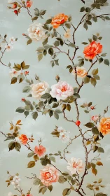 Vintage peony branches climb across soft green sky wall.