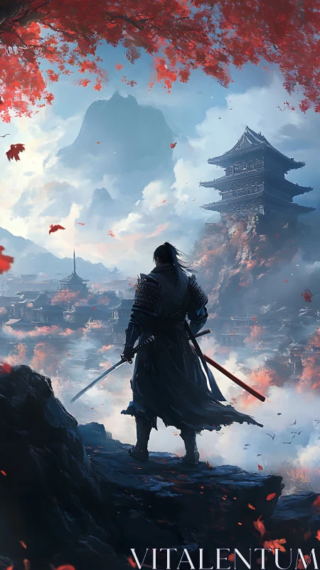 Lone samurai overlooking misty valley and distant temple.