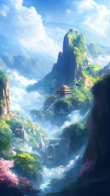 Mountain valley with tiered temples, waterfalls and mist.
