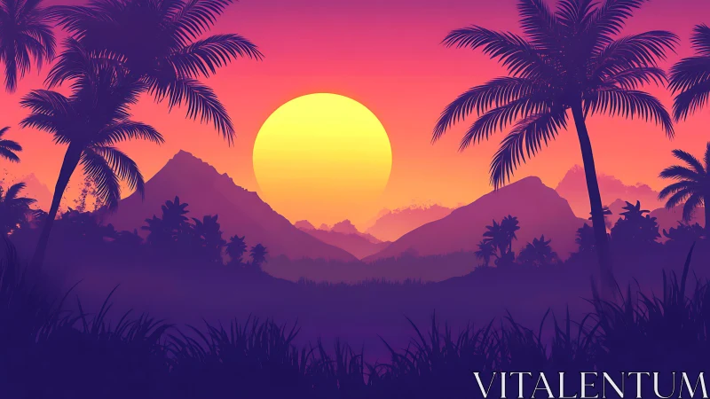 Neon-gradient tropical sunset silhouettes layered palm grove