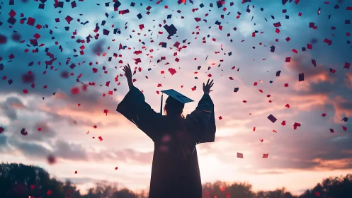 Silhouette graduate celebrating under sunset confetti sky.