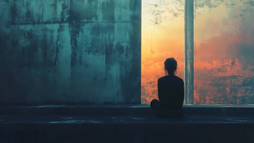 Solitary figure watches a distant sunset through worn glass