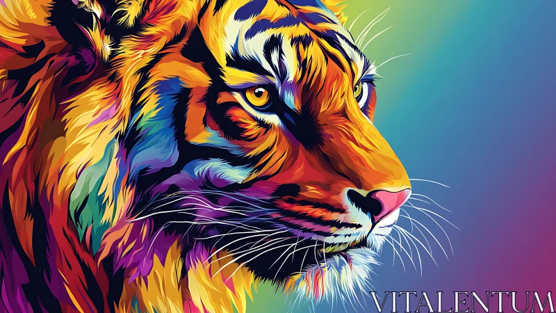 Tiger head rendered in bold multicolor digital illustration