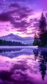 Vibrant purple mountain lake glows under a dreamy sunset