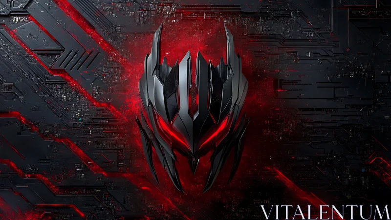 Cybernetic demon mask radiates red digital energy