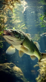 Subsurface sunbeams revealing largemouth bass hydrodynamics.