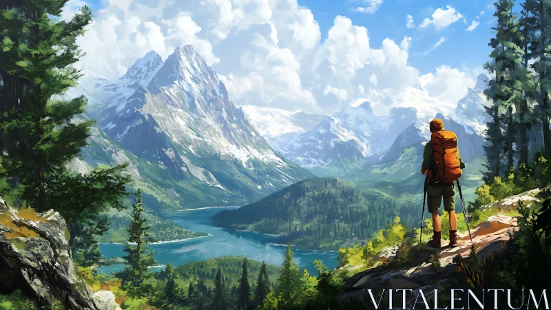 Solitary hiker pauses to admire a sunlit mountain valley