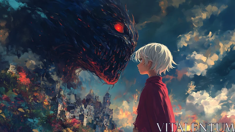 White haired figure facing dark colossal entity over city.