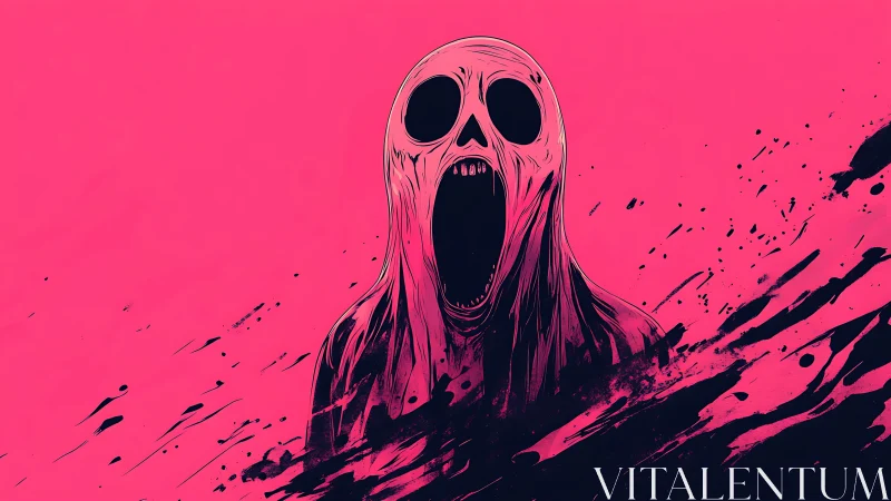 Hooded skull-like figure is centered on flat magenta ground