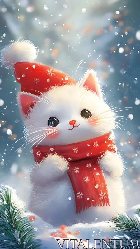Softly rendered winter kitten wearing red hat and scarf in snow