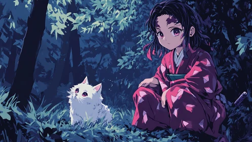Anime girl in red kimono studies white cat in moonlit forest